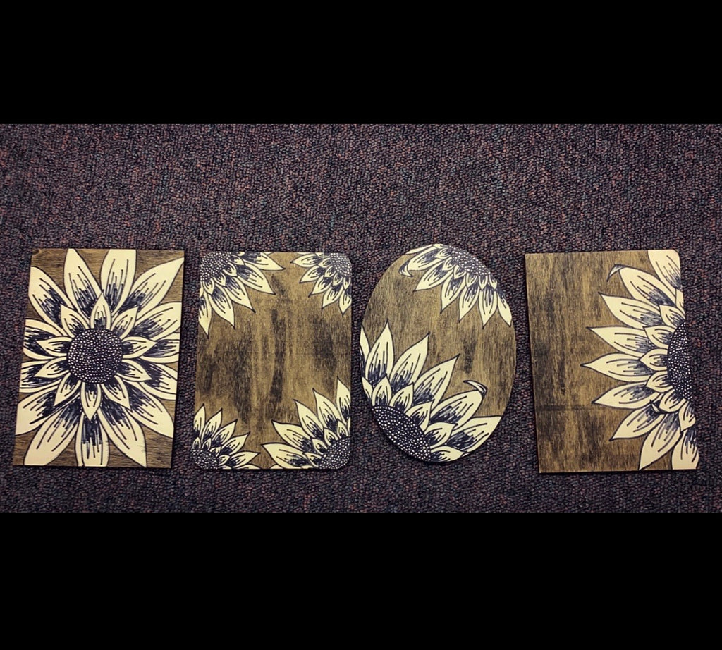 Sunflower Assorted Stain-drawn Mini Plaques - Brown Stain