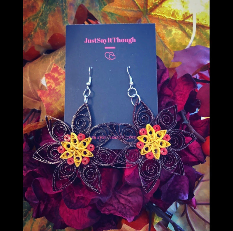 Quilled Paper Three Sunflower Dangle Earrings by Paper Treasures