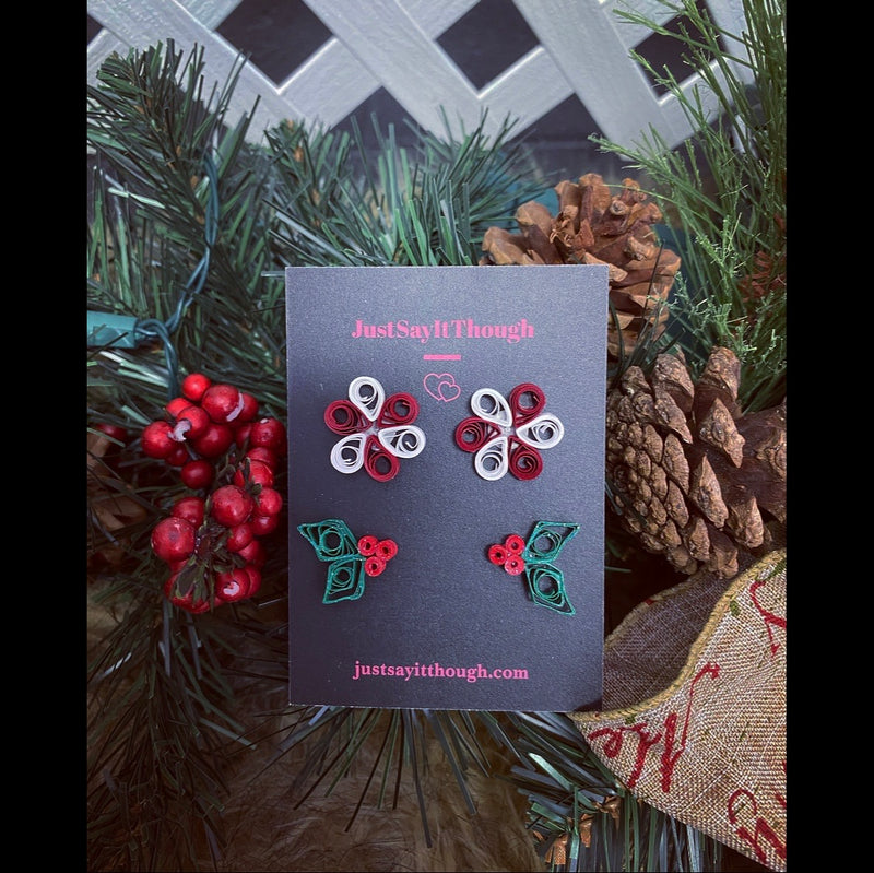 Peppermint and Holly Stud Quilled Earring Set