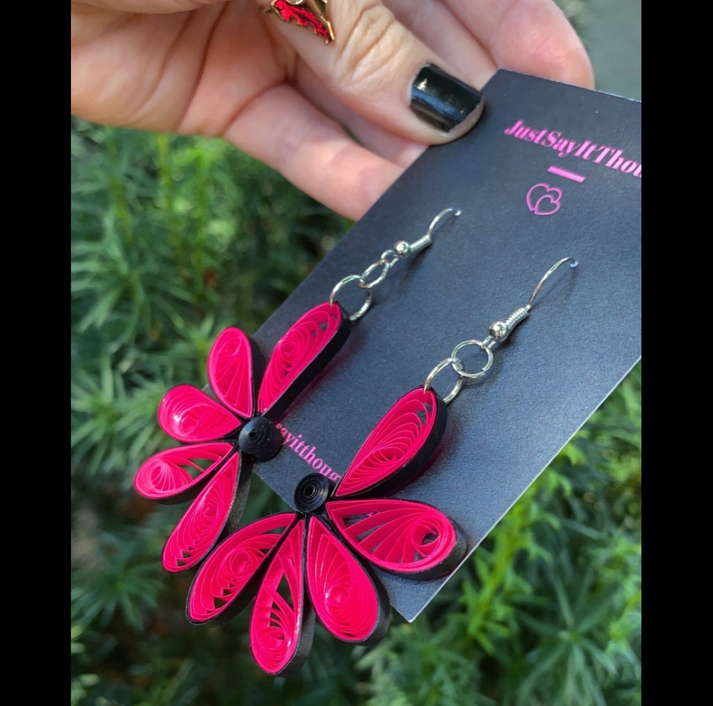 Hot Pink Half-Flower Quilled Earrings